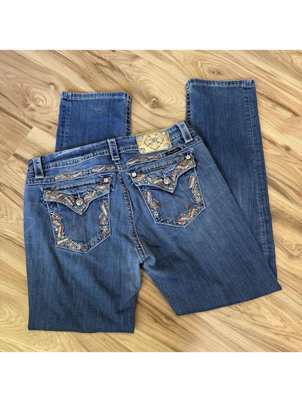 Miss Me Mid Rise Easy Straight Jeans 31 Rhinestone Embellished Pockets McBling